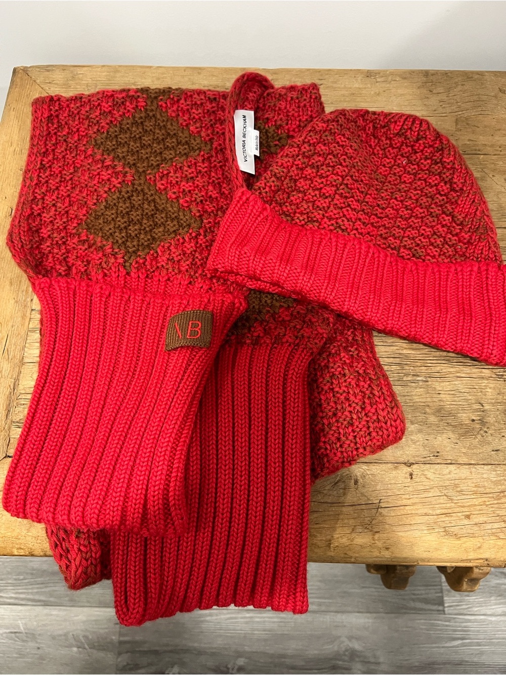 Victoria Beckham Red and Brown Knit Scarf & Beanie Set